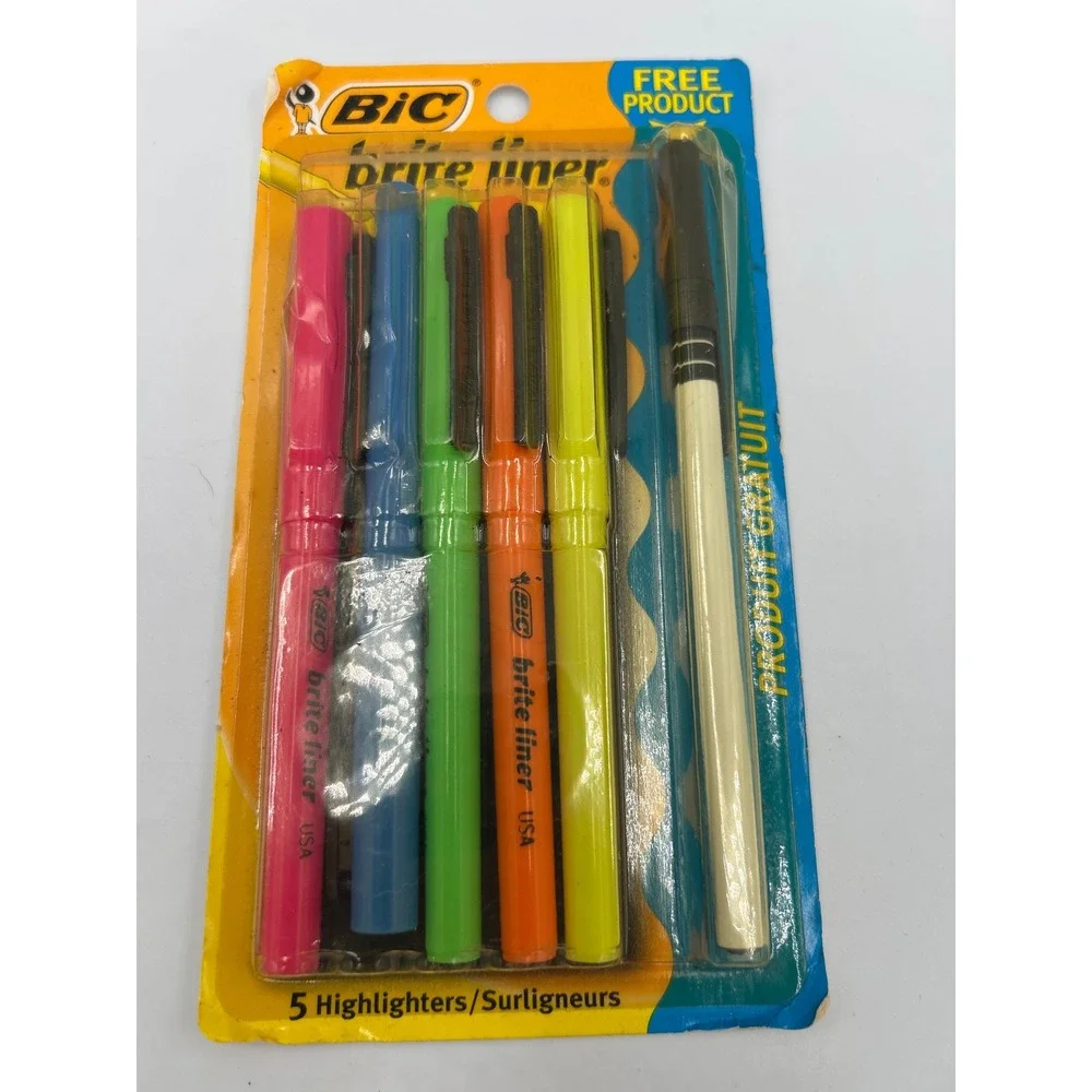 Vintage BIC Brite‎ Liner Highlighters 5 Pack Plus Free Pen New 1991 Made in USA